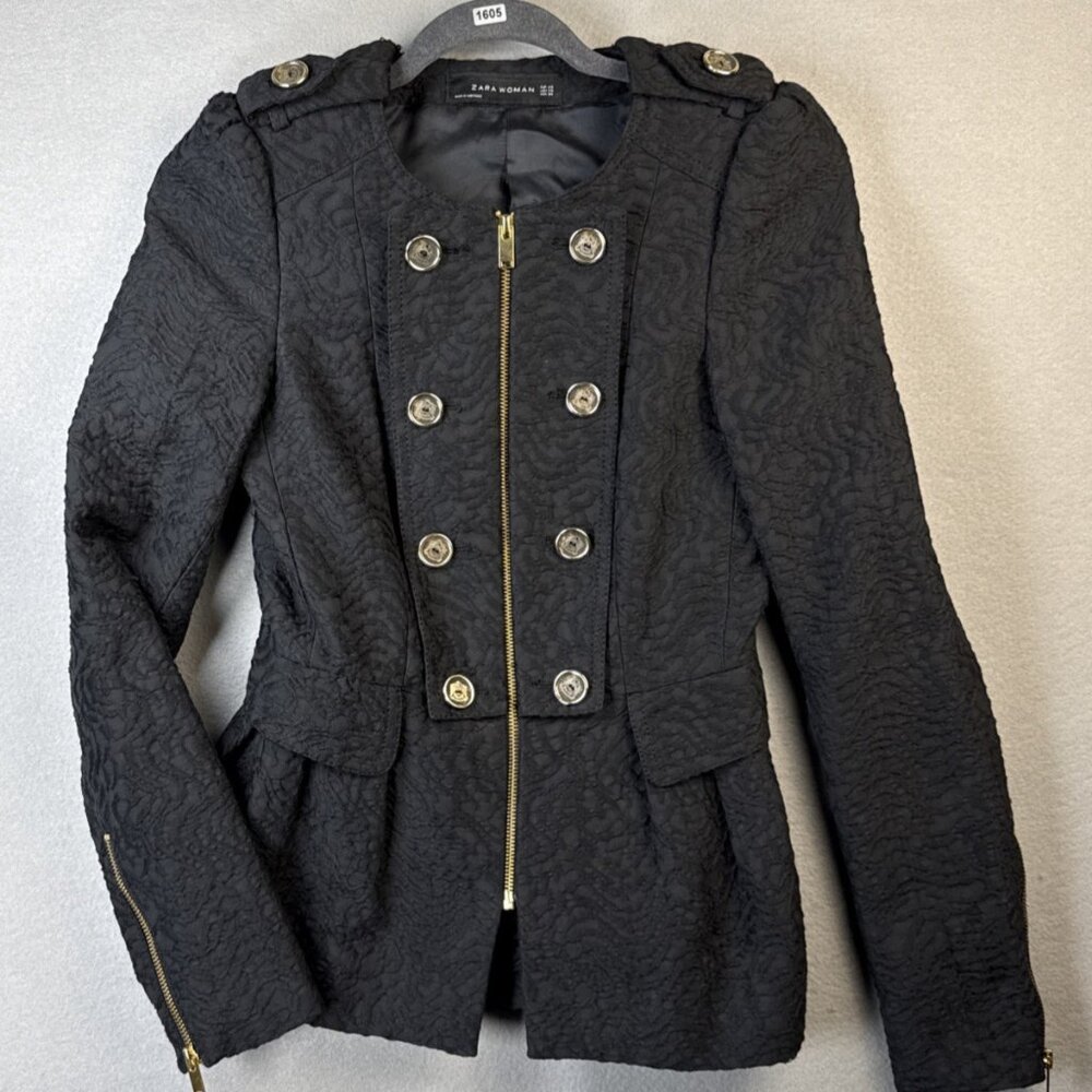 Zara Black Scroll Jacquard Embroidered Pleated Prep Jacket Blazer Womens Size XS